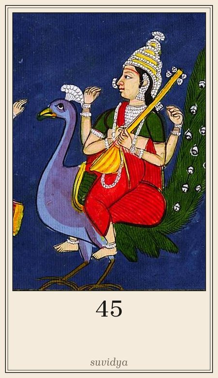 Leela deck card for square 45, Right knowledge: 1805 CE Sarasvati with peacock painting