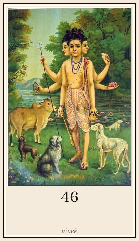 Leela deck card for square 46, Conscience: Ravi Varma-Dattatreya