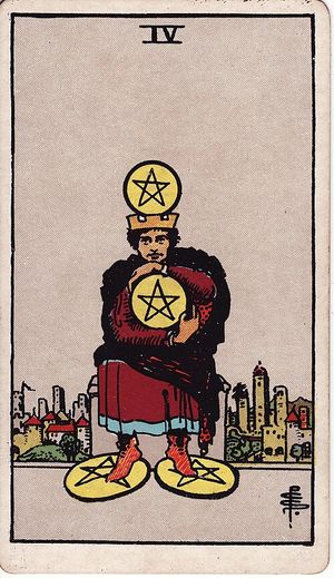 Four of Pentacles, Classic Tarot, Pamela Colman Smith 1909 · 78 cards