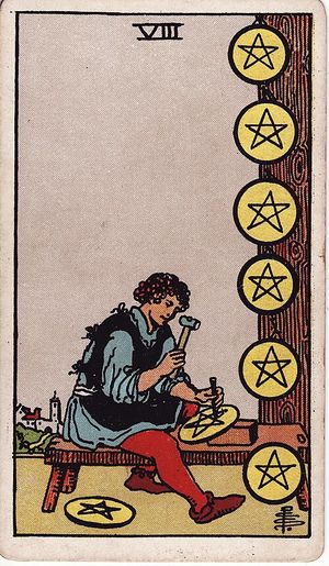 Eight of Pentacles, Classic Tarot, Pamela Colman Smith 1909 · 78 cards